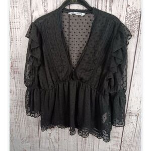 Zara Black Swiss Dot Ruffled Scalopped bottom Sheer Blouse Women's‎ Small